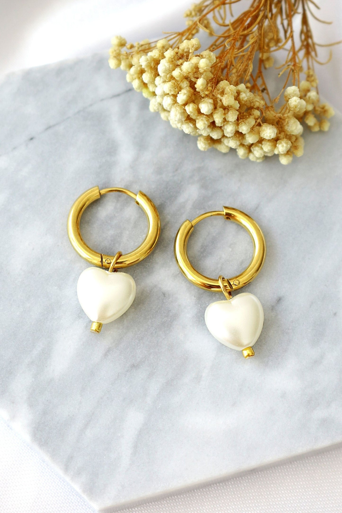 24K Pearl Hearts Hoop Earrings