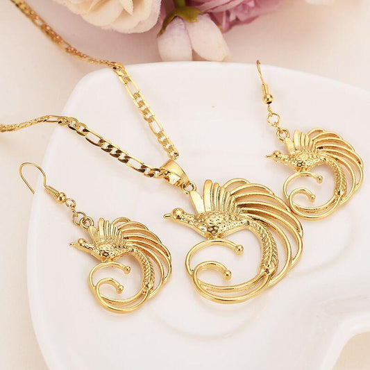 24k Fine Solid Gold GF Bird Paradise Pretty Pendant Necklaces Earrings