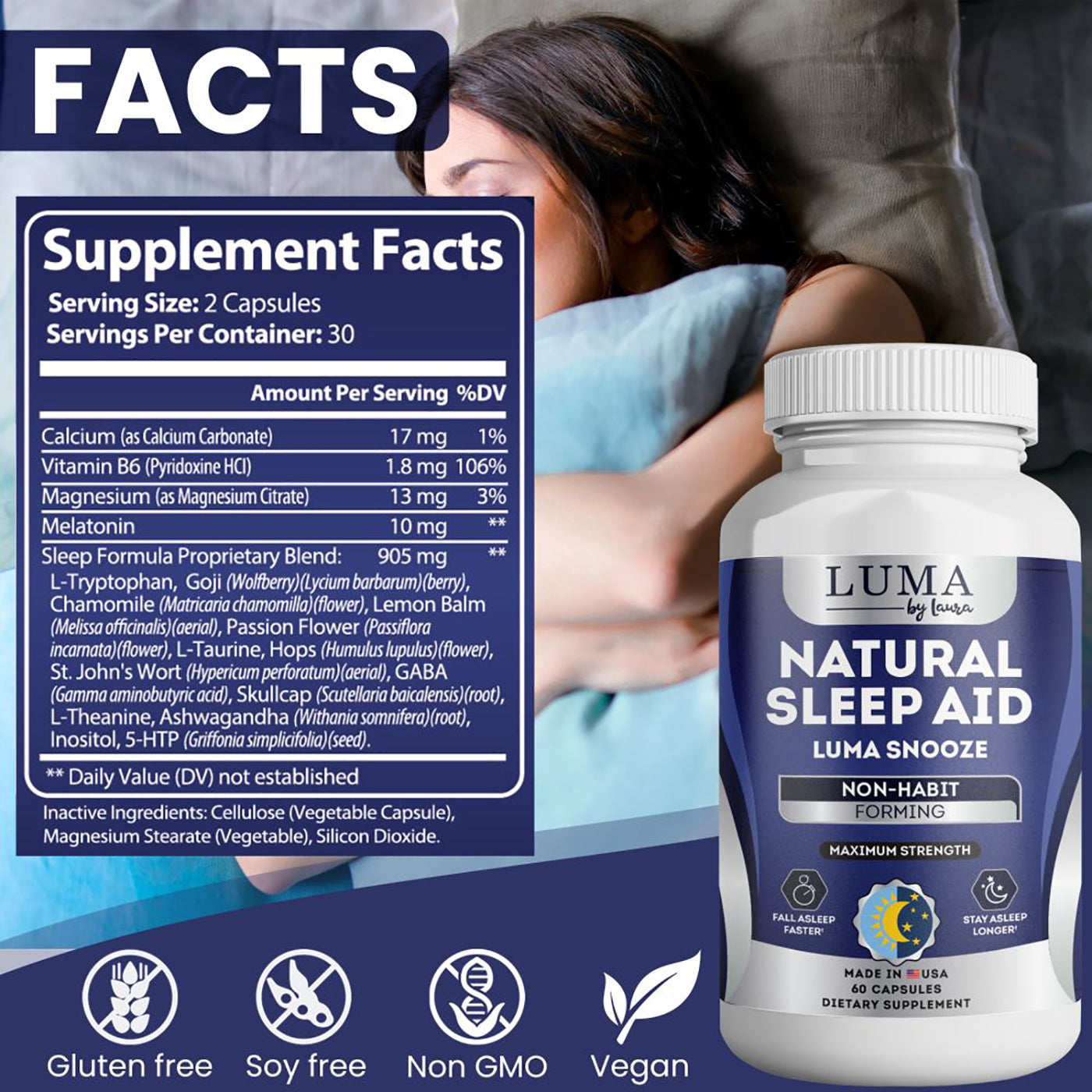 Luma Snooze - Natural Sleep Aid, Non-Habit Forming, Insomnia Relief